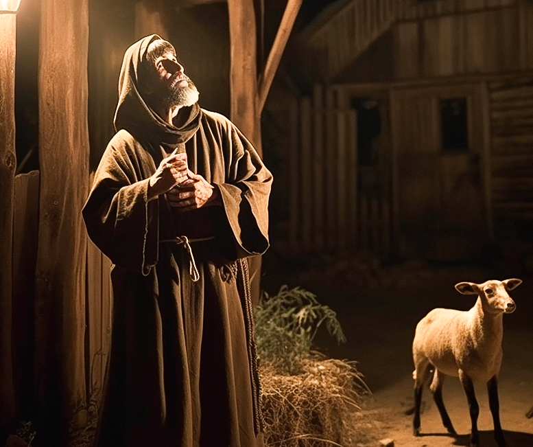 Św. Franciszek z Asyżu głoszący Ewangelię narodzin Jezusa obok stajenki betlejemskiej
